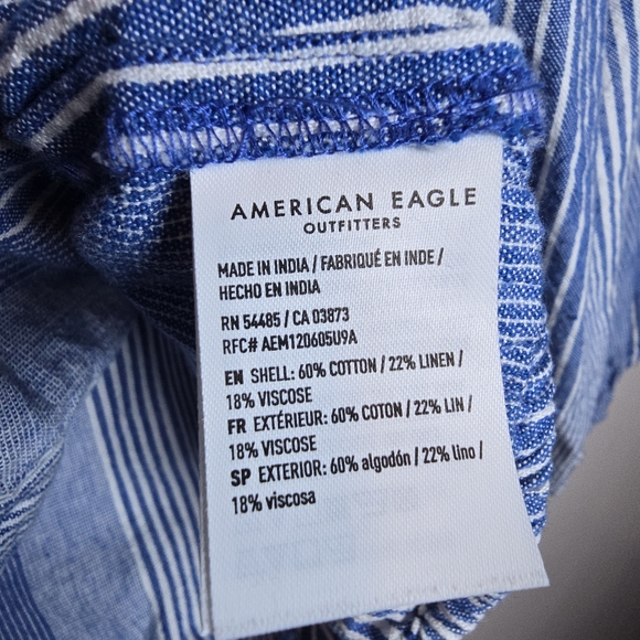 American Eagle Linen Blend Cropped Button Up Front Tie Top Stripe Puff Sleeve XL - Picture 8 of 9